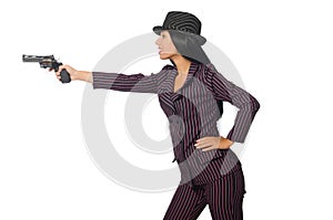 The gangster woman with gun isolated on white