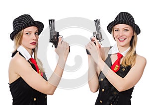 The gangster woman with handgun on white