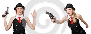 The gangster woman with handgun on white