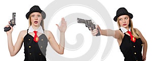 The gangster woman with handgun on white