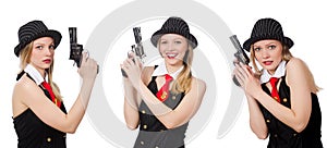 The gangster woman with handgun on white