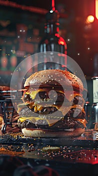 Gangsters cheat day, indulging in massive burger, moody backlight, gritty texture , super realistic