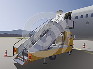 Gangway near the plane, on the platform of the airport. Vector