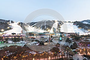 Gangwon-do, KOREA - March 1, 2018: Vivaldi Park Ski Resort or Daemyung Ski World in Pyeong near Seoul with panoramic view of snow