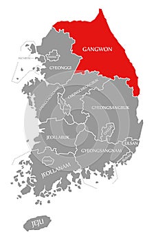 Gangwon red highlighted in map of South Korea