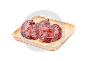 Ganoderma lucidum mushroom on wooden plate in white