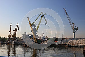 Ganrty cranes in the sea port on the coast of the Azov Sea