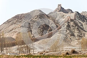 Overhanging Great Wall. a famous historic site in Gansu, China.