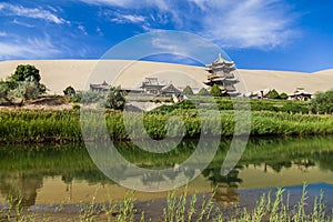 Gansu Dunhuang Crescent Lake and Mingsha Mountain.,China.