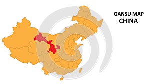 Gansu province map highlighted on China map with detailed state and region outline