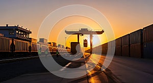 Gantry Crane Loading Freight Train at Sunset in Container Terminal