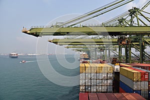 Gantry cranes and ships in the port of Singapore.