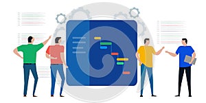 gantt chart large board of project schedule with waterfall software development methodology people discuss