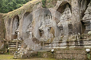 Ganung Kawi Temple complex centered around Royal Tombs carved into stone cliffs in the 11th century. Bali, Indonesia. Funeral photo