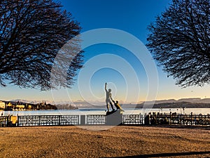 Ganymed sculpture at Zurich lake in winter Zurich Switzerland