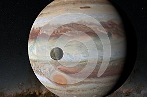 Ganymede satellite with Jupiter planet in the solar system - 3d illustration, closeup view