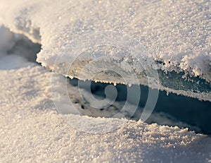 The gap between the ice blocks. Winter