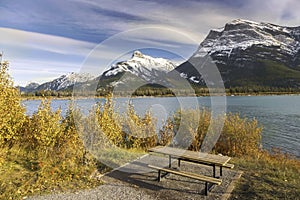 Gap Lake Picnic Area and Snowy Mountain Peaks Bow Valley Alberta Foothills
