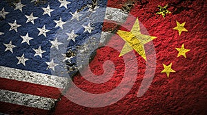 The gap between the two flags of the United States and China, concept of political confrontation