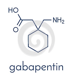 Gapapentin drug molecule. Used in treatment of seizures and neuropathic pain. Skeletal formula.