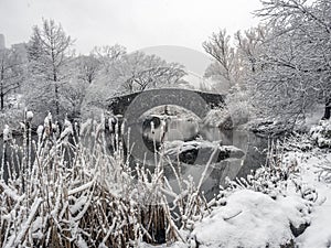 Gapstow bridge Central Park, New York City during snow storm