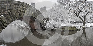 Gapstow bridge Central Park, New York City during snow storm