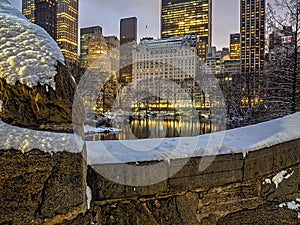 Gapstow Bridge in Central Park, snow storm
