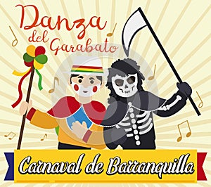 Garabato Character and Death Dancing in Barranquilla`s Carnival, Vector Illustration
