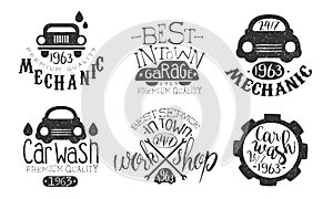 Garage Best in Town Premium Quality Retro Labels Set, Car Wash Service Hand Drawn Badges Monochrome Vector Illustration