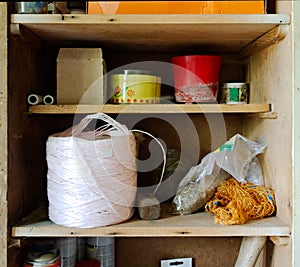 Garage cabinet with clutter photo