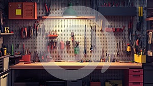 A garage corner with pegboards for tools and a foldable workbench.