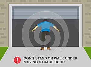 Garage door injures male character during closing. Garage door safety tips and rules.