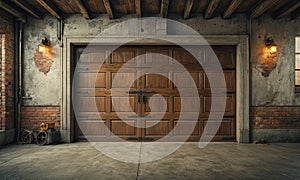 A garage door is open and made of wood.