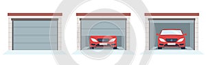 Garage door, with opening roller shutters. Closed and opened, car inside. Automatic lifting gate. Entrance to building