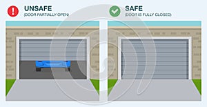 Garage door safety tips and rules. Safe and unsafe. Fully closed and partially open garage doors.