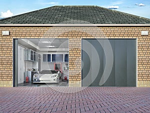 Garage exterior with sectional doors.