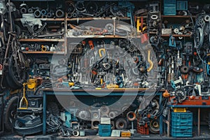 A Garage Filled With Various Tools, A depiction of a plethora of auto parts in a mechanic\'s garage, AI Generated