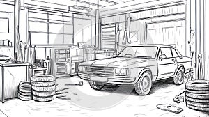 Classic Car Repair Shop Scene with Vintage Automobile and Tires Sketch