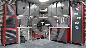 Garage interior with stend of tools