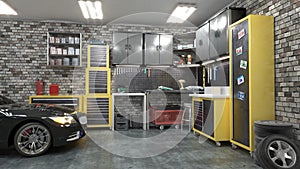 Garage interior with stend of tools.