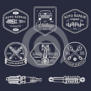 Garage logos set. Car repair emblems collection. Vector vintage sketched auto service signs for advertising posters etc.