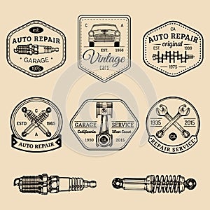 Garage logos set. Car repair emblems collection. Vector vintage sketched auto service signs for advertising posters etc.