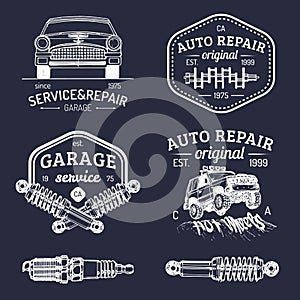 Garage logos set. Car repair emblems collection. Vector vintage sketched auto service signs for advertising posters etc.