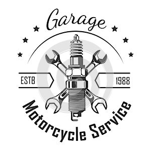 Garage motorcycle service round logo with pistons and spanners