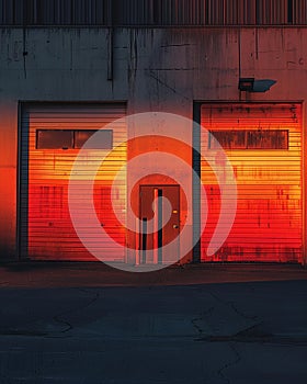 Garage with roll-up doors open to ventilate, fresh air circulating, twilight, low angle, stark contrast photo