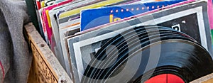 Garage sale display of LPs and vinyls for music collectors