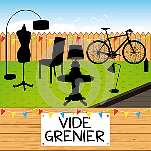 Garage sale. French language. Colorful vector illustration in particular garden with objects for sale. photo