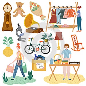 Garage sale with people choosing clothes and household items, vector illustration. Cartoon characters at flea market