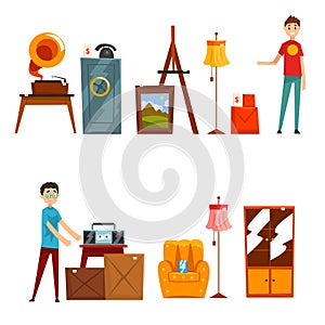 Garage sale set, people buying and selling old things vector Illustration on a white background