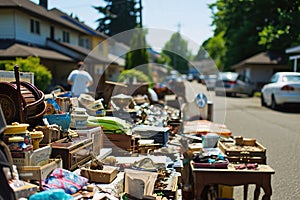 Garage sale on a sunny day. Tables with old things in front of the houses, people looking at the goods